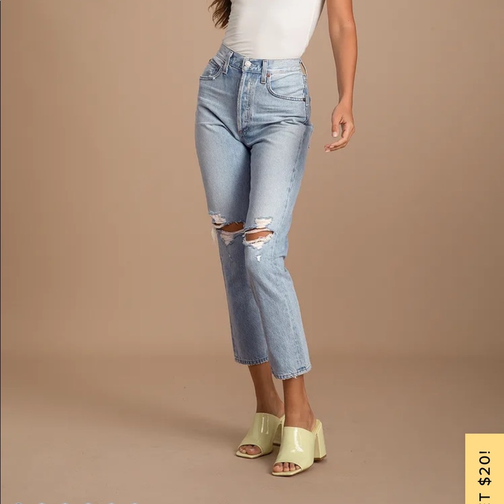AGOLDE Riley Light Wash High Rise Distressed Straight Cropped Jeans